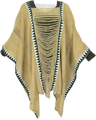 GURU SHOP Boho Poncho, Extravaganter Poncho - Hellbraun, Damen, Baumwolle