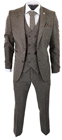 Mens Wool 3 Piece Suit Double Breast Waistcoat Tweed Blinders Classic 1920s Oak - Oak 40