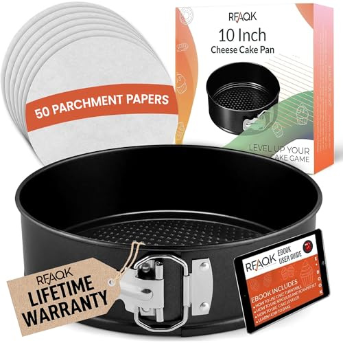 RFAQK 10 Inch Nonstick Springform Pan with Removable Bottom - LeakProof Cheesecake Pans with 50PCs Parchment Papers & Bonus Recipe e-Book - Perfect Baking Every Time