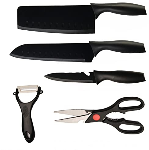 Cloober - Cuchillos de Cocina Color Negro + Pelador y Tijeras | 5 Piezas | Mango Ergonómico | Acero Inoxidable Duradero | Carnicero, Chef, Uso General y Pelador de Cerámica (Negro)