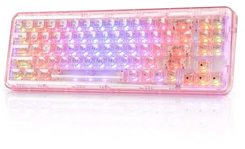 YUNZII X71 Tastiera meccanica trasparente con Clear Keycaps, BT5.0/2.4G/USB-C Wired Gaming Keyboard 68% Layout, guarnizione montare tastiera RGB wireless per Win/Mac (Crystal Ice Switch, Rosa)