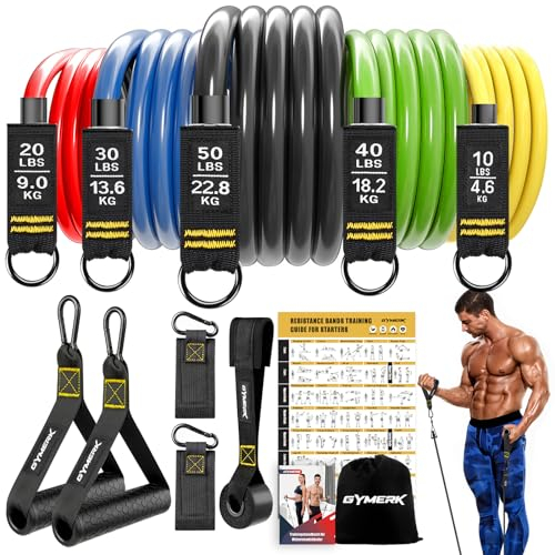 GYMERK Resistance Bands Set, Expander Fitness Mit Gummigriffe, Trainingsplakat, Knöchelriemen, Türanker, Tragtasche, 5er Verschiedene Widerstandsstufen Ideal für Krafttraining