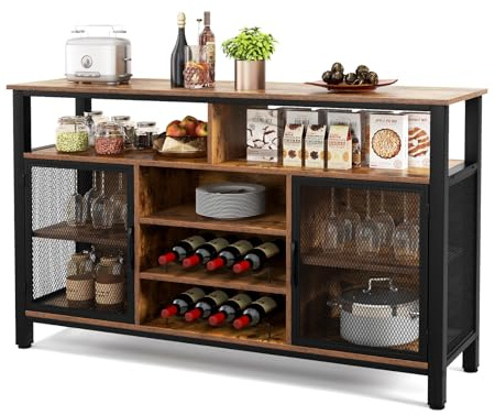 GIANTEX Credenza da Buffet, Mobilellto da Cucina con Portabottiglie e Portabicchieri, Porta TV per TV fino a 60 con 2 Armadietti con Anta, 3 Ripiani e 2 Scomparti Aperti, Nero/Grigio(Marrone)