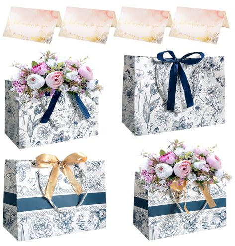 Geschenktaschen Mit Henkel, 4 Stück Geschenktasche Mit Schleifen Karten, Blumenmuster Geschenktüte Hochzeit, Papiertüten 25x20x12cm Gift Bag für Geburtstage, Weihnachten, Valentinstag