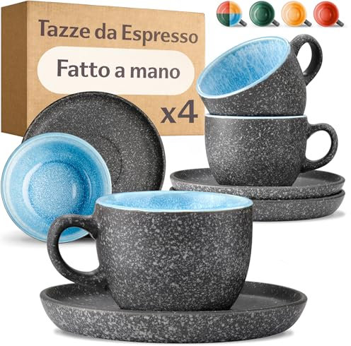 Cosumy Set di 4 Tazzine da Espresso con Piattini - 90ml in Ceramica Gres Spesso con Smalto Reattivo Artigianale – Mantiene il Calore a Lungo (Blu)