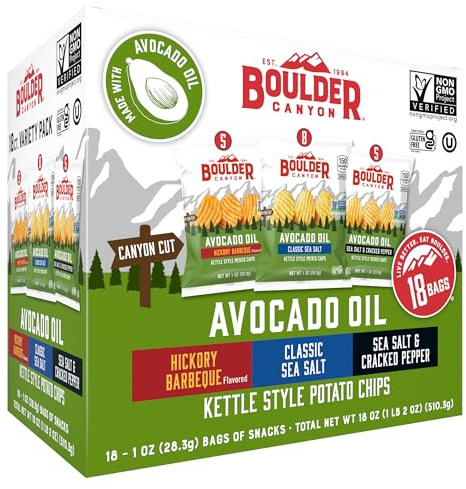 Boulder Canyon Paquete variado de papas fritas estilo hervidor de aceite de aguacate, 18 unidades, sin gluten, sin OMG, barbacoa de nogal, sal marina clásica, sal marina y pimienta agrietada (bolsas