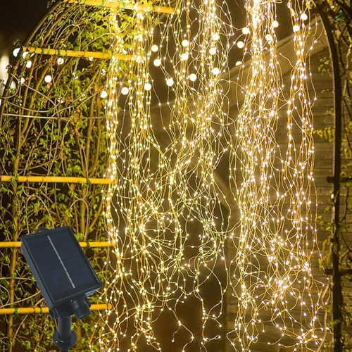 Gresonic Solar 100er Kupferdraht Lichterkette Außen Wasserfall Lichterbündel LED Lichterschweif, Wasserdichte Lichterstrang für Gießkanne kinderzimmer camping balkon Aussen und Innen Deko Warmweiß