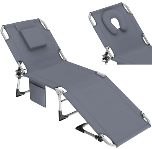 Bain de Soleil jardin exterieur, Chaise longue pliante avec ouverture pour le visage, coussins amovibles et dossier réglable en 3 positions, transat de plage pour balcon terrasse, max.150kg Anthracite