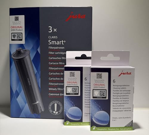 Jura CLARIS Smart+ filterpatroner 3 stycken och Jura rengöringstabletter 12 stycken, original kaffemaskiner skötselset