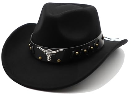 MivBuks Cowboy Hat for Men Western Cowgirl Hat for Women Unisex Wide Brim Felt Fedora Hats Classic Flat Top Hats with Buckle Belt