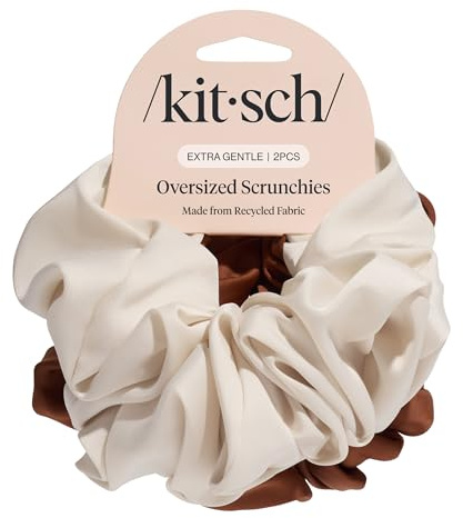 Kitsch Recycled Satin Oversized Scrunchies – Large Hair Scrunchies for Women, Eco-Friendly Hair Ties & Ponytail Holders | Ideal Gifts for Women - Camel & Cream, 2pc Set