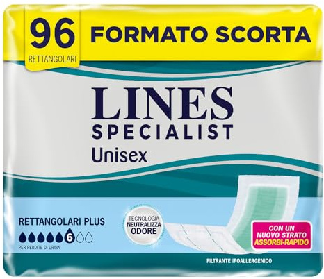 Lines Specialist Pannoloni Rettangolari, Pannoloni per Incontinenza Donna e Uomo, Asciutto Lampo, Tecnologia Neutralizza Odore, Assorbenza Plus, Taglia Unica, Scorta da 96 Unità