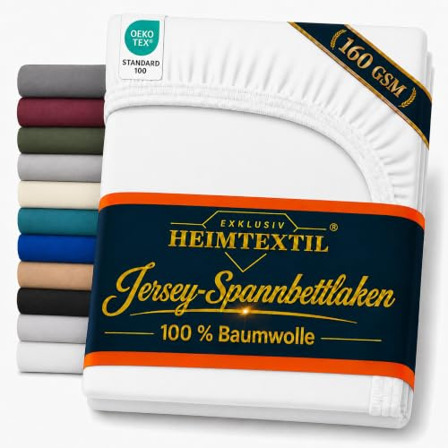 EXKLUSIV HEIMTEXTIL Jersey Fitted Sheet Deluxe 140 x 200 cm White 160 GSM, 100% Cotton Oeko-Tex Certified Bed Sheet Fitted Sheet Topper Linen Cloth