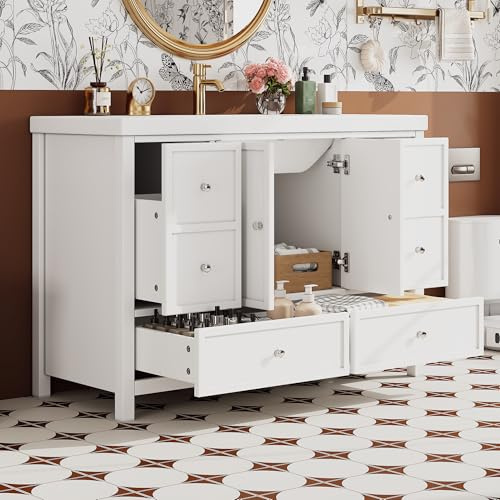 REXO Gran tocador de baño independiente, 120 x 50 x 86,5 cm, superficie lacada, cuatro cajones silenciosos, puertas de armario dobles con función de cierre suave, lavabo de resina integrado, blanco.