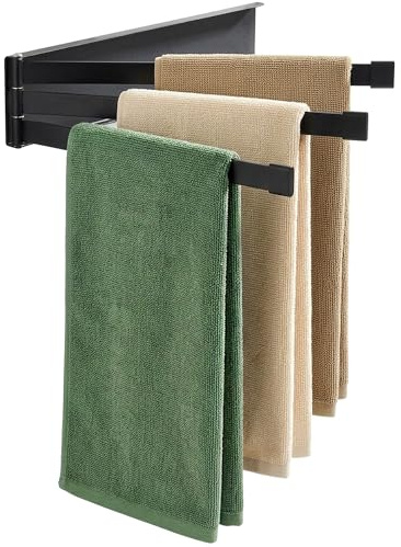 YEAVS Swing Towel Holder Rack Matte Black, Wall Mounted Towel Bar Swivel with 3-Arm for Bathroom Kitchen Storage