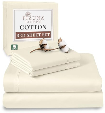 Pizuna 100% Cotton Double Bed Sheet Set Ivory, 400 Thead Count Long Staple Cotton Bedding Set 230x280 cm, Soft Sateen 4 PC Double Bed Sheet Set - Fitted Sheet, Flat Sheet & 2 Pillowcases