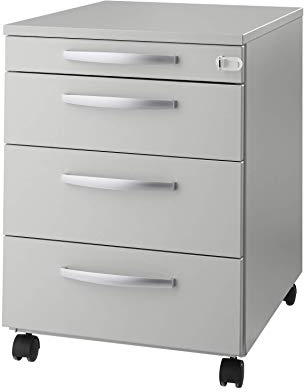 Rollcontainer mit Schubladen abschließbar, Büroschrank mit Rollen, Schreibtisch Schrank, Schubladenschrank 60 cm hoch, Büro Rollcontainer lichtgrau, Schubladenelement, Schreibtisch Container metall