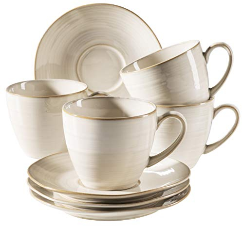 MÄSER Serie Nottingham, Vintage Kaffeetassen Set für 4 Personen, Untertassen mit unregelmäßigen Rundungen im Retro Look, Steinzeug, Beige