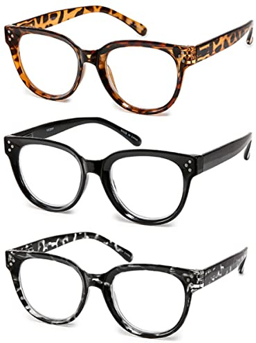 Vecien Reading Glasses Oversized for Women Large Frame Big Lens Readers Spring Hinge Retro 3 Pack +2.0