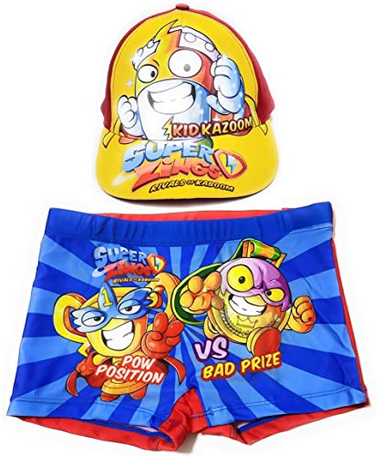 Requeteguay Urban RU Bañador Súper Zings para Playa o Piscina + Gorra Superzings para Niños | Pack de Bañador y Gorra Súper Zings (3-4 años, Rojo)