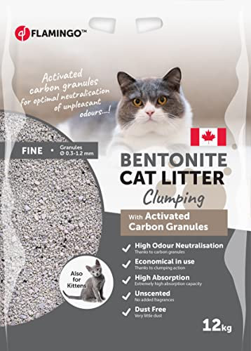 Flamingo Litière pour Chats - Parfum neutre - Granulés de Charbon - 12KG pour 10 SEMAINES - Origine Canada - neutralisent les odeurs désagréables - douce pour les pattes -aussi pour les chatons