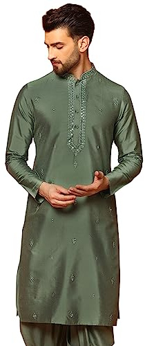 KISAH Kurta - Túnica de mezcla de algodón con bordado de espejo para hombre, cuello mandarín, ajuste regular, traje de boda india para hombre, ropa festiva para Diwali, Eid y celebraciones, salvia, 38