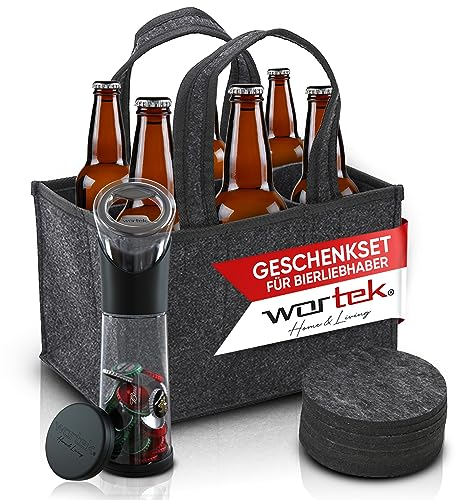 wortek Geschenkset Männer Geschenke - Männerhandtasche Bier Flaschenöffner mit Auffangbehälter Untersetzer Gläser - Geschenke für Männer Inhalt Adventskalender Männer Lustige Geschenke für Männer