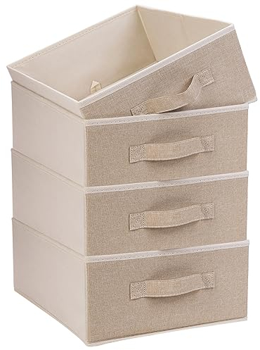 OVAKIA Fabric Storage Box, Foldable Wardrobe Clothes Organiser Boxes with Handle for Shelves Drawer Underwear Bras Socks Toys, Pack of 4, Beige