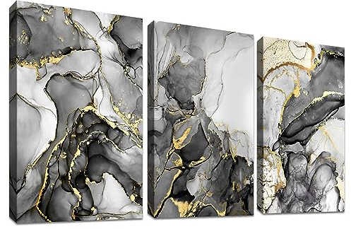 3 Pcs Grau Gold Marmor Mit Rahmen Leinwand Bilder Poster Kunstdruck Pictures Abstrakte Bild auf Leinwand Modern Wandbilder Wandposter Wohnzimmer Schlafzimmer Wanddekoration 120x60cm (16x24x3pcs)