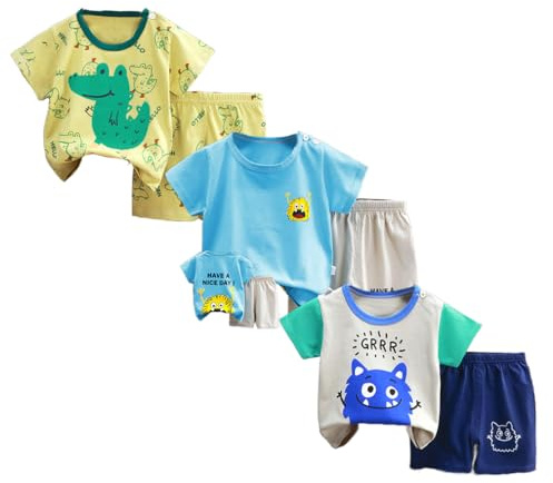 XM-Amigo Ensemble T-Shirt et Short à Demi-Manche Garçon, Lot de 3 Ensembles 6 Pièces, sans Boucles d'Épaule, 3 à 4 Ans, Taille 70/110