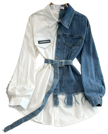 CAEITLRSO Women Dresses - Retro Temperament Waist Color Matching Denim Shirt Women's Spring Casual Dress with Denim Belt, Fashion Lapel Long Sleeve Casual Shirt Dress Party Dress,White,One Size