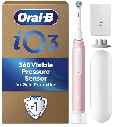 Oral-B iO3 Ultimate Clean Electric Toothbrush, Blush Pink, Long-Lasting Battery with Travel Case for Home and Travel, With Refill Holder and Charger Pouch