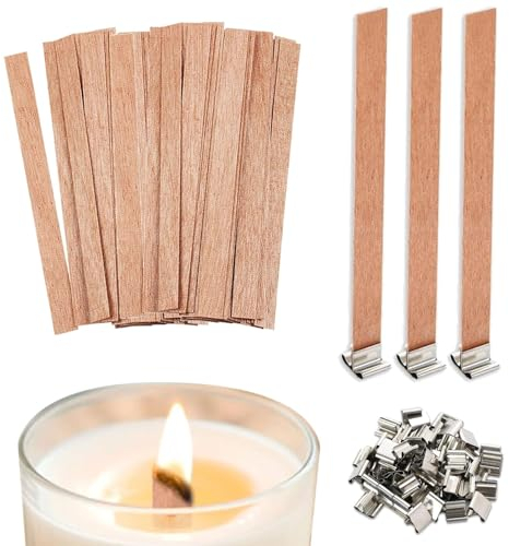 60 Stück Kerzendocht,Dochte für Kerzen,Natürliche Holz Kerzendochte für Kerzen,Holzdochte für Kerzen,Mit 60 Eisenständer,Kerzen Docht für DIY Kerzenherstellung Handwerk - 130x13mm