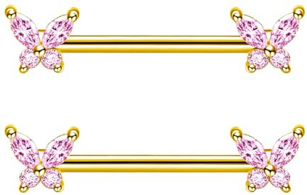 Besyvvin 2er Brustwarzenpiercing 14mm Rosa Schmetterling Nippelring Gold Brustpiercing Chirurgenstahl Piercing Brustwarze