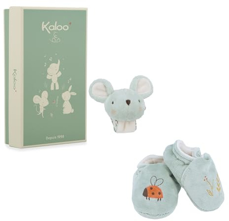 KALOO Set de Pulsera y Patucos Ratón Pulsera y Patucos con cascabeles Regalo de Nacimiento Refinado Estimula la estimulación y la motricidad Caja de Regalo Personalizada K210011