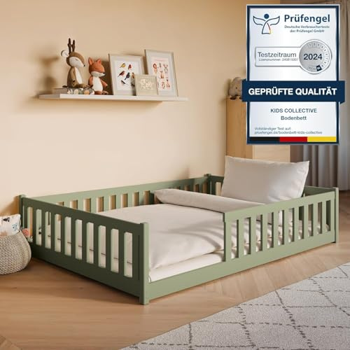 Kids Collective Kinderbett Bodenbett 140x200 cm mit Rausfallschutz & Lattenrost Montessoribett Bett Kinderbett Jugendbett Einzelbett | olivgrün andere Größen 80x160 | 90x200 | 120x200 cm