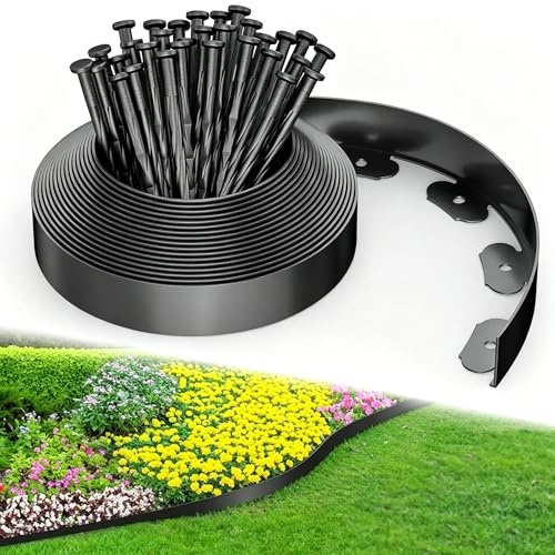 Borde de césped flexible, borde de jardín de plástico resistente de 5 cm x 10 m con 30 clavijas reforzadas, borde de jardín sin excavar para parterres, césped, patios y caminos, etc. – Negro