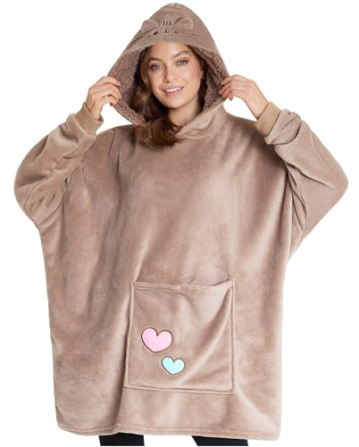 Get Trend Pusheen Hoodie Oversize Femme & Ado, Sweat Polaire Doux Poncho Cocooning à Capuche Doublée Kawaii Cadeau Femme