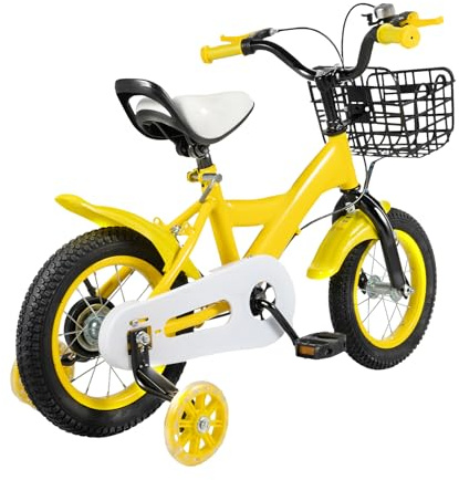 Vélo unisexe avec panier stabilisateurs 12 pouces pour filles et garçons avec roue auxiliaire, frein à rétropédalage (jaune)
