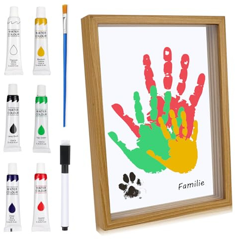 SENLINLIN Kit Impronte Famiglia, Grande Cornice in Legno 31 x 22,4 cm, Kit Impronte Mani e Piedi Bambino, Colori Atossici, Regalo Nascita per Bambini