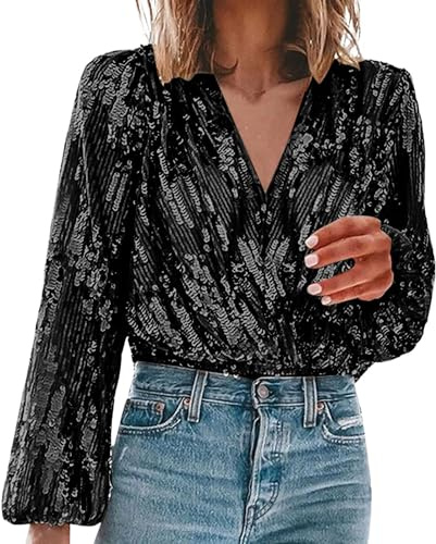 Uwdiohq Chemise Femme Chic Et Élégant Sleeved Glitter Gradient Printed V Neck Top T Shirt (Black, S) Chemisier Mode Lin Blanc Noir Tee Rose Octobre Blouses for Women Work Tops UK Glittery