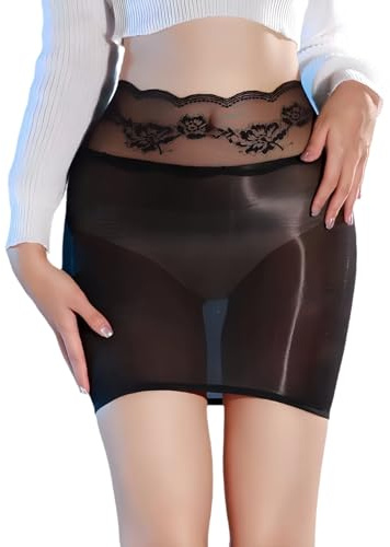 MANJIAMEI Minifalda brillante y ajustada para mujer, sexy, transparente, con borde de encaje elástico, aspecto mojado, estilo Y2K, adecuado para fiestas raves y discotecas
