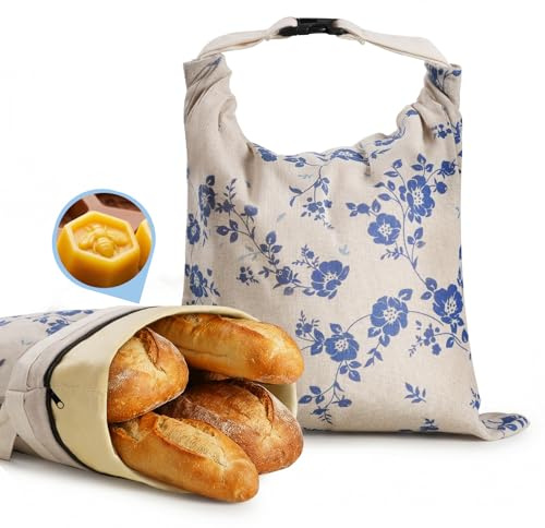 YARRAMATE bolsas de lino con cera de abeja, estampado Blue Floral. Cremallera, reutilizables, aptas para congelador. Para pan de masa madre（43x33 cm. Pack de 2）