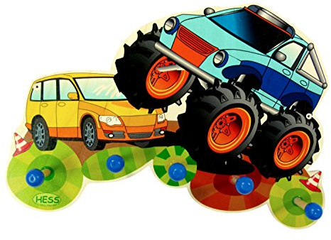 Hess Holzspielzeug 30297 - Garderobe aus Holz, Serie Monstertruck, mit 5 Haken, für Kinder, ca. 37 x 25 x 6,5 cm groß, handgefertigt, für Kinderzimmer und Flur