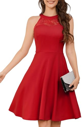 Bbonlinedress Robe de Soirée Noël Femme Chic et Elegant pour Mariage Cérémonie Cocktail Bâpteme Bal PromoTémoin Style Halter Vintage A Ligne Red M