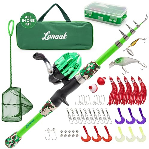 Lanaak Kids Fishing Pole and Tackle Box - with Net, Travel Bag, Reel and Beginner’s Guide - Rod and Reel Kit for Boys, Girls, or Youth (Green)