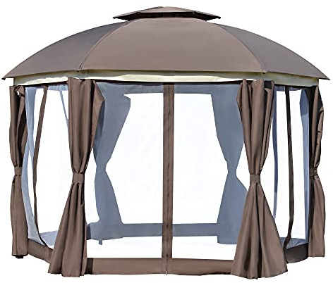 Outsunny 12' x 12' Round Outdoor Gazebo, Patio Dome Gazebo Canopy Shelter with Double Roof, Netting Sidewalls and Curtains, Zippered Doors, Strong Steel Frame, Brown