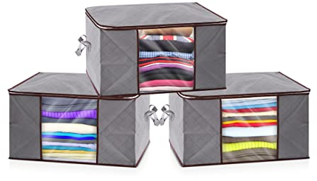 K-One Set of 3 Foldable Storage Bags Large Capacity Clothes Blankets Duvet Bedding Storage Organizer Bags With Zip 60 x 41 x 34cm Clear Window With Carry Handles (GREY)