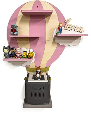 DRYSSON DIY Heissluftballon Regal mit Wunschname passend für die TonieBox und Tonie Box Figuren Ballon Kinderzimmer Tonieboxregal Jungen Mädchen Wandregal Tonibox
