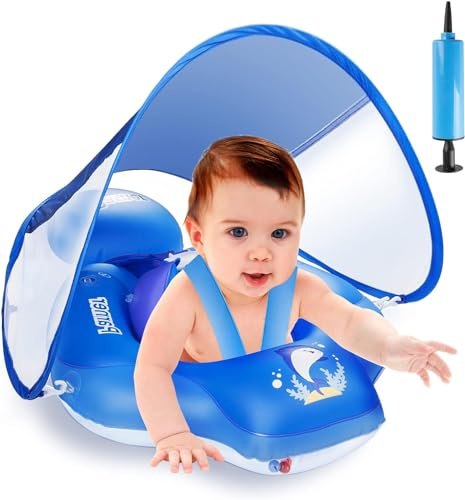 Baby Swimming Float with Sun Canopy, Parner Inflatable Baby Pool Float with Safety Bottom Support, Baby Swimming Ring Suit for Newborn Kids Toddlers Age of 3-36 Months (Blue S)